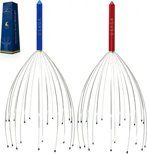 USAGA 20-Finger Elastic Prongs Metal Head Massager, Manual Scalp Scratcher for Body Care & Relaxation, Single Item Stocking Stuffer Gift Fit for Various Hair Lengths (Red & Blue)