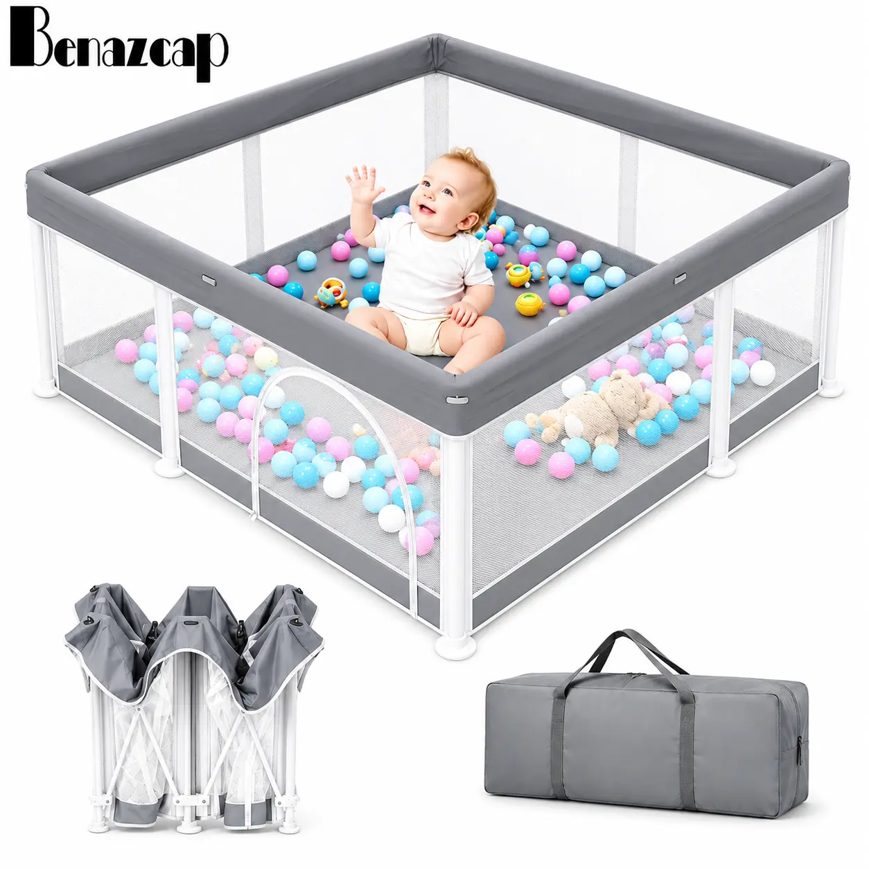 Benazcap Foldable Baby Playpen for 12-18 Months, Breathable Mesh Play Area with External Zipper Door, Aluminum Alloy Frame, Portable Indoor-Outdoor Activity Center for Parents (Yes for Easy Use)