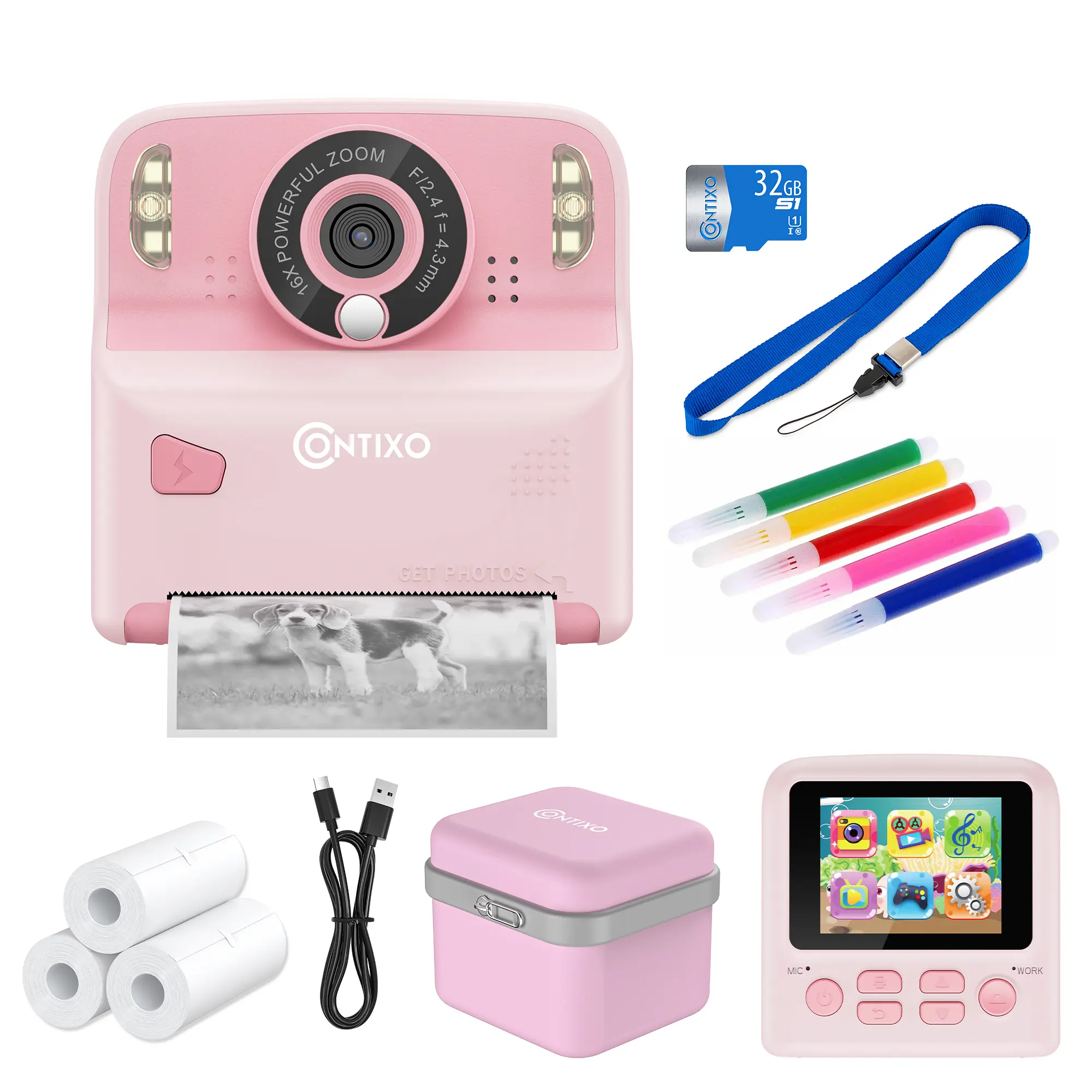 Contixo Instant Print Kids Digital Photo Camera - 26MP, 1080p, Rechargeable, Built-in Games, MP3 Player, 32GB Memory Card, 3 Paper Rolls, Toy Camera for Ages 3-12 (Charging Capable), Digital Camera, Print Paper