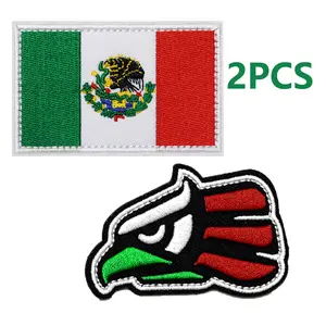 Mexico Flag Patch Set, 2pcs Hook & Loop Embroidered Patches, Durable Fabric Material, Perfect for DIY Projects & Clothing Decoration, Bull Head Embroidery