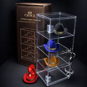 CEOCE Cowboy Hat Jewelry Box. for  Cowboy Hat Necklace.  Box Cowboy Hat Ring Lockable Acrylic Display Case with 4 Mini Ring Holders and Gift Packaging.  Cowboy Hat Gift box.