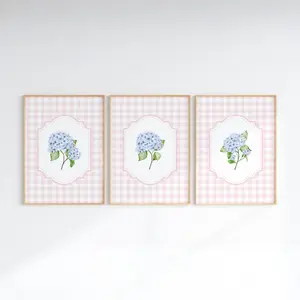 Set of 3 Pink and Blue Hydrangea Prints, Gingham Cottagecore Poster, Coastal Granddaughter Art, Vintage Grandmillenial Florals, PRINTABLE