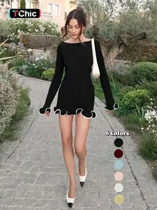 Women's Elegant Long Sleeve Colorblock Knit Dress, Spring & Fall Fashion A-Line Skirt, Contrast Binding Design