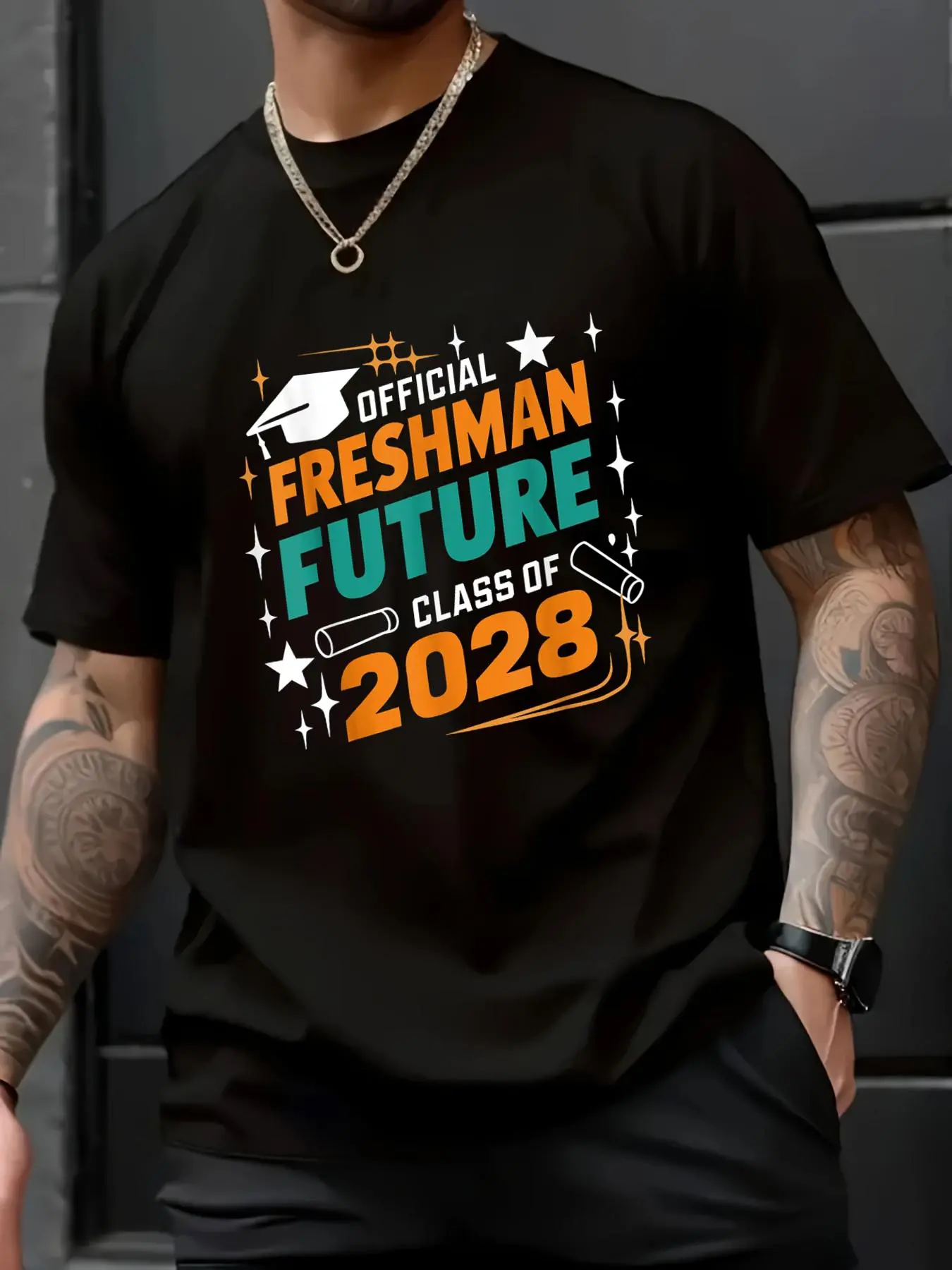 100% Cotton Unisex Official Freshman Future Class Of 2028 First Day Of School T-Shirt, Printed Round Neck Short Sleeve T-Shirt Top