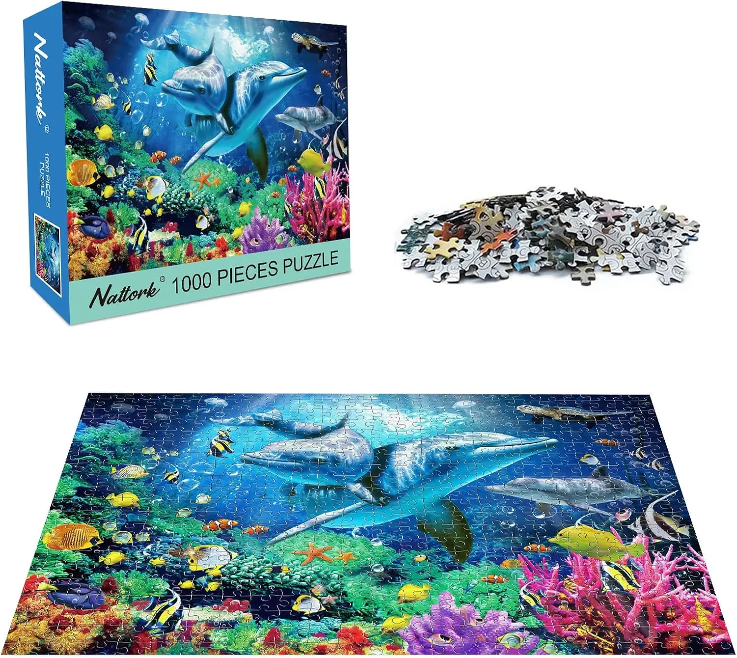 Under The Sea 500 / 1000 Piece Jigsaw Puzzle | Family Tabletop Game, Ocean Dolphin Art with Sort Letter Back & Reference Poster