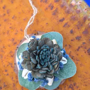 Wood Flower Seashell Ornament Handcrafted with Natural Elements for Home Decor Unique Design on Pine Wood Disk 3 1/2" Diameter Decorative Hanging Piece