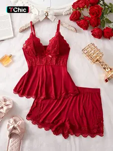 Women's Solid/Leopard Print Cami Top & Lace Trim Shorts Pyjama Two-piece Set, Casual Comfy Camisole & Shorts PJ Set, Ladies Sleepwear for All Seasons