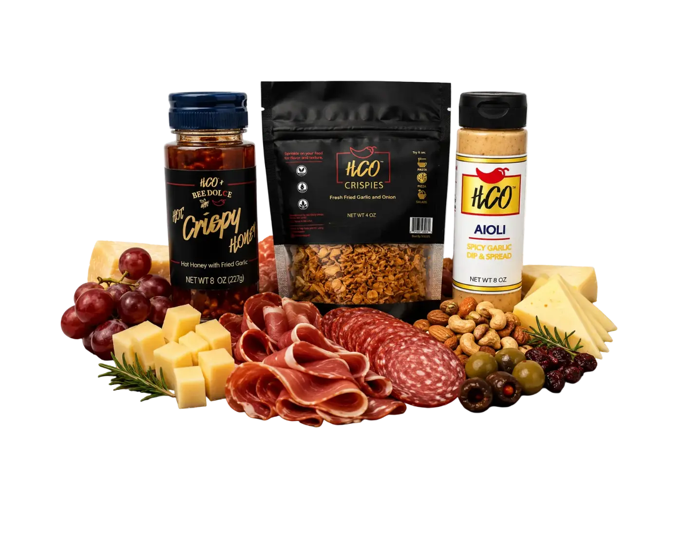Snack Board Gift Set Bundle - Preservative-Free Spicy Sweet Hot Crispy Honey, HCO Crispies Fried Garlic Onions, HCO Spicy Garlic Aioli Spread and Dip