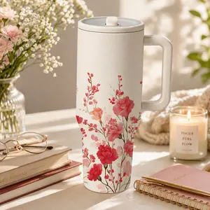 AuraCup 1pc 40oz Insulated Tumbler with Lid and Straw, Pink Floral Cherry Blossom Stainless Steel Travel Cup, Large Handle Water Bottle for Iced Coffee Tea Drinks, Double Wall Vacuum Flask Keeps Cold 12 Hours Hot 6 Hours, Gift for Women