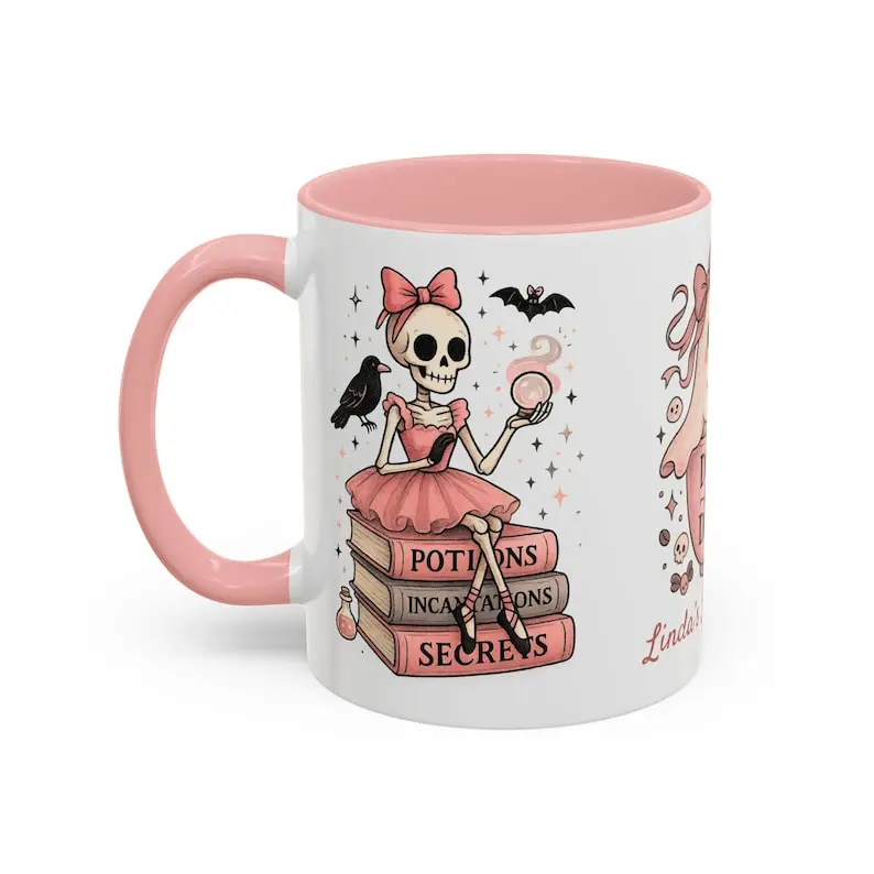 [Sale off up to 50%] Personalized Skeleton Ballerina Witchy 11oz Accent Coffee Mug, Spooky Brew Coffee Cup Cute Halloween Drinkware Custom Name Gift Pastel Goth Pink Mug