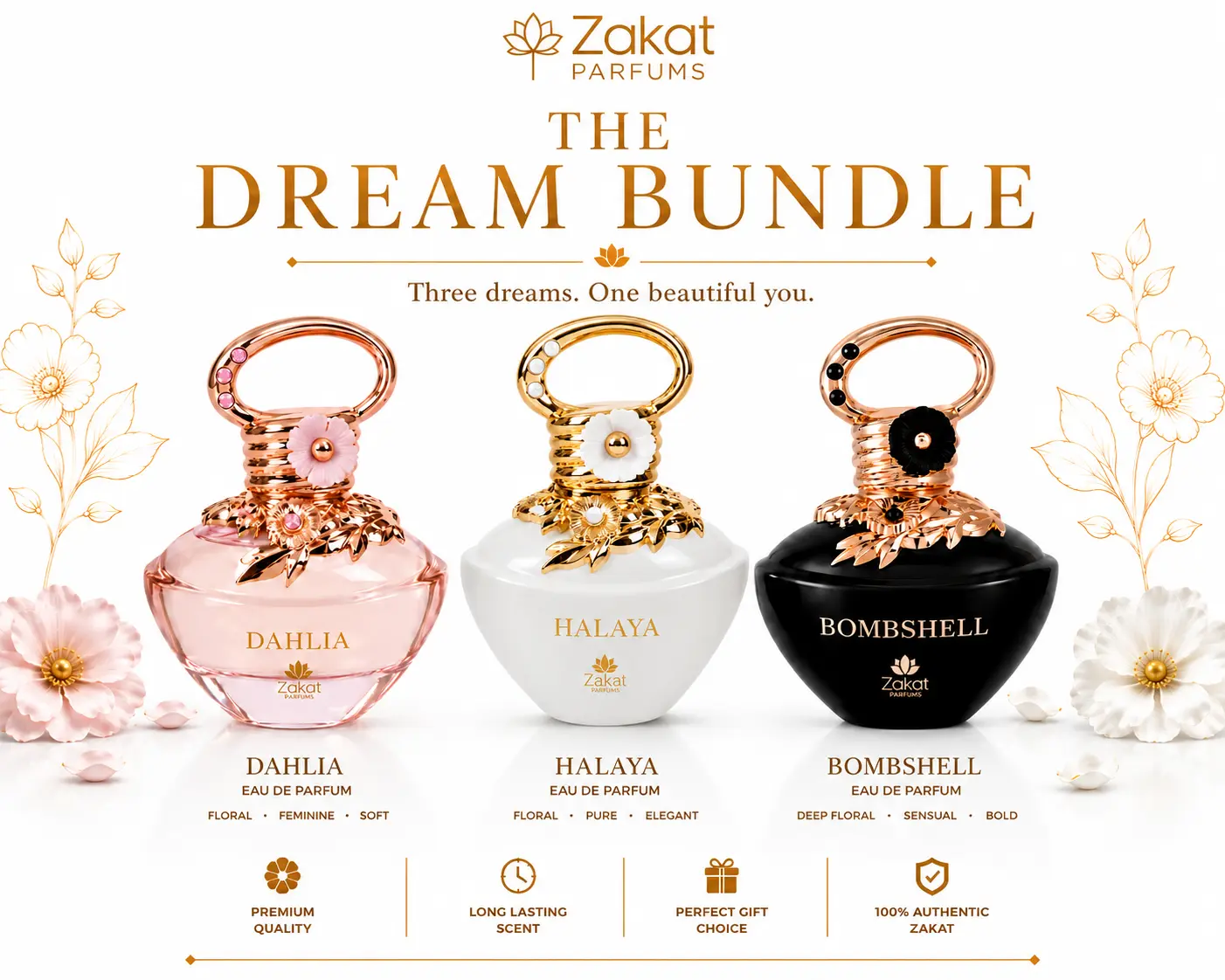 The Dream Bundle I Flower Halaya  + Flower Dahlia + Flower Bombshell by Zakat Eau De Parfum 3.4 FL OZ Each For Women