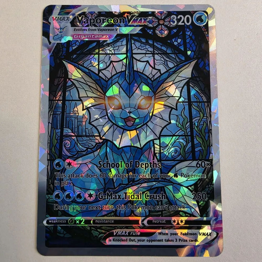 Vaporeon VMax Stained Glass Custom Display Card - Shattered Glass & Textured Holo