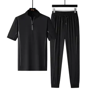 Men's casual 2-piece sportswear set, regular-fit short-sleeve half-zip T-shirt and drawstring waist sports pants, breathable and quick-drying sportswear set, suitable for running, fitness, workouts, and daily wear