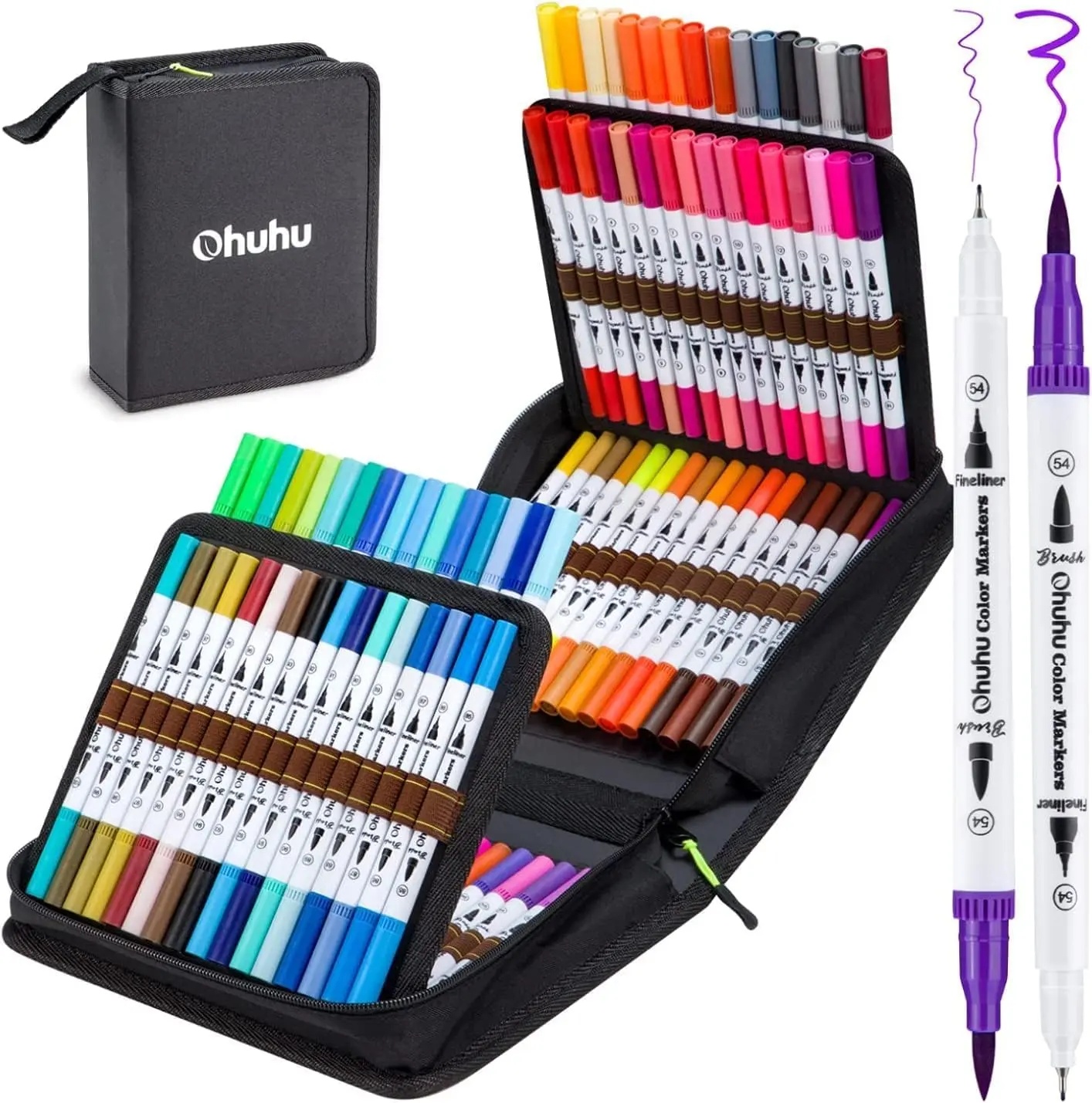 Ohuhu Markers: Brush & Fineliner - 100 Colors - Dual Brush Fine Tip Drawing Pens Water-Based Coloring Markers for Calligraphy Bullet Journal with Carrying Case - Black / White - Maui Series of Ohuhu