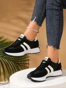 Women's Sporty Patchwork Sneakers, Textile & PU Material, Casual All-Season Footwear, Comfortable Breathable Design
