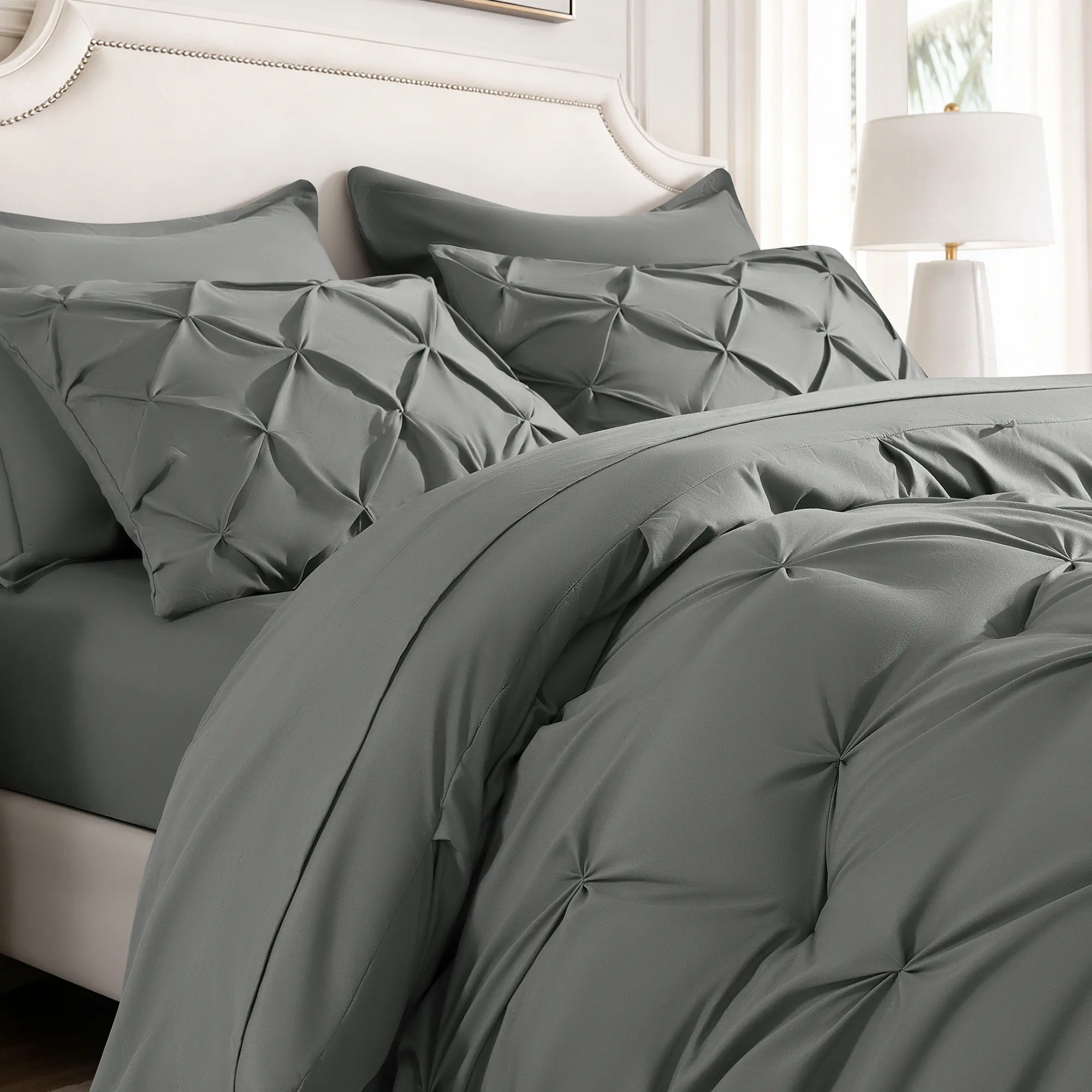 Cozyquil 7PC Luxury Queen Comforter Set - All-Season Geometric Pintuck Bedding Set, Down-Alternative Fiber, Breathable Ultra-Soft Bedding in a Bag with Comforter, Sheets, Pillowcases, Modern Bedroom Decor, Machine Washable
