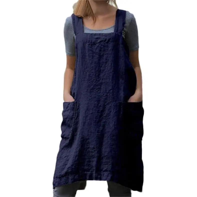 Women's Minimalist Cotton-Linen Cross-Back Apron with Pockets - Pocketed All-Seasons Workwear, No-Tie Casual Pinafore for Cooking, Gardening
