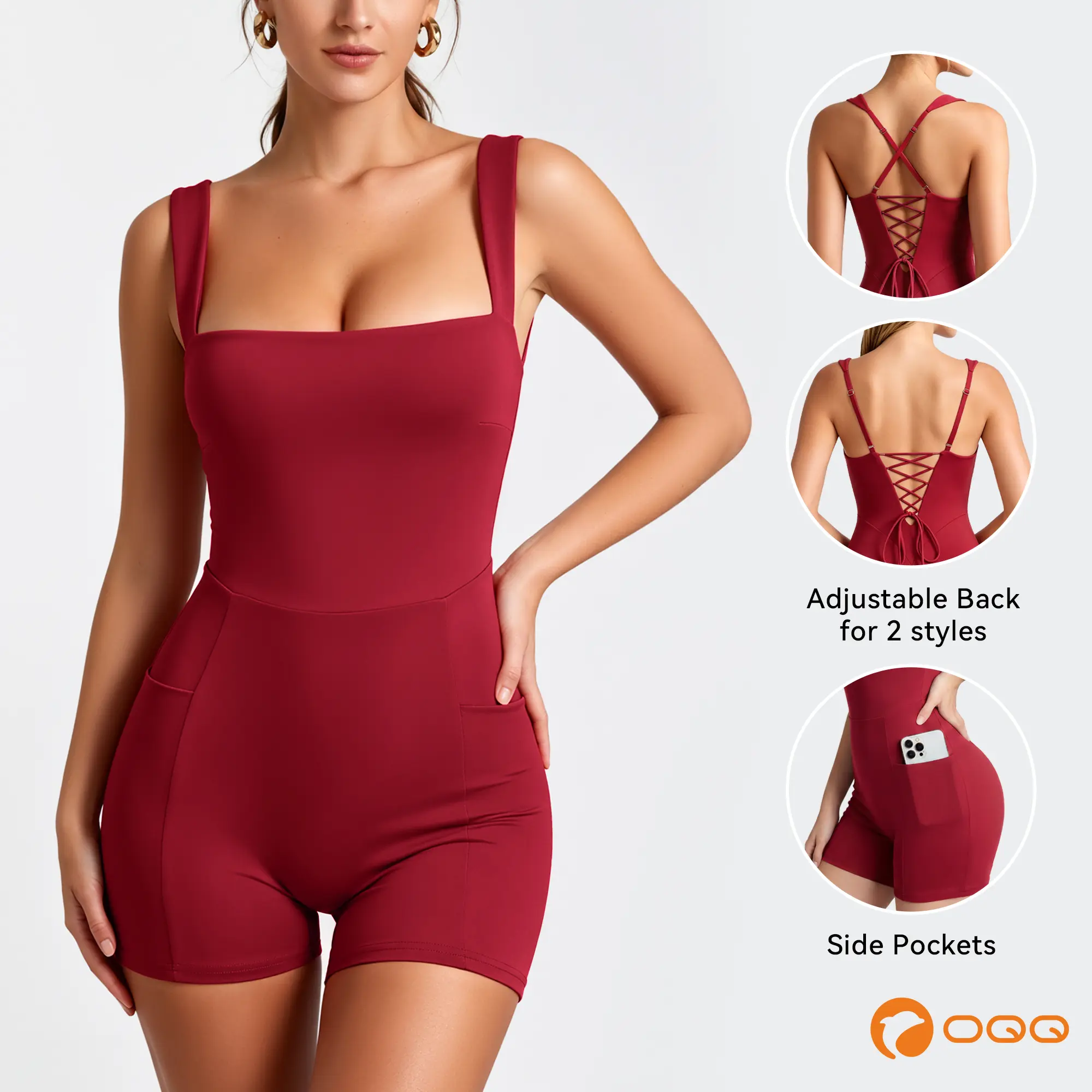 OQQ Women's Square Neck Lace-Up Backless Workout Bodysuit with Pockets-Tummy Control High Waist Biker Shorts One-Piece Jumpsuit for Yoga Gym