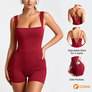 OQQ Women's Square Neck Lace-Up Backless Workout Bodysuit with Pockets-Tummy Control High Waist Biker Shorts One-Piece Jumpsuit for Yoga Gym