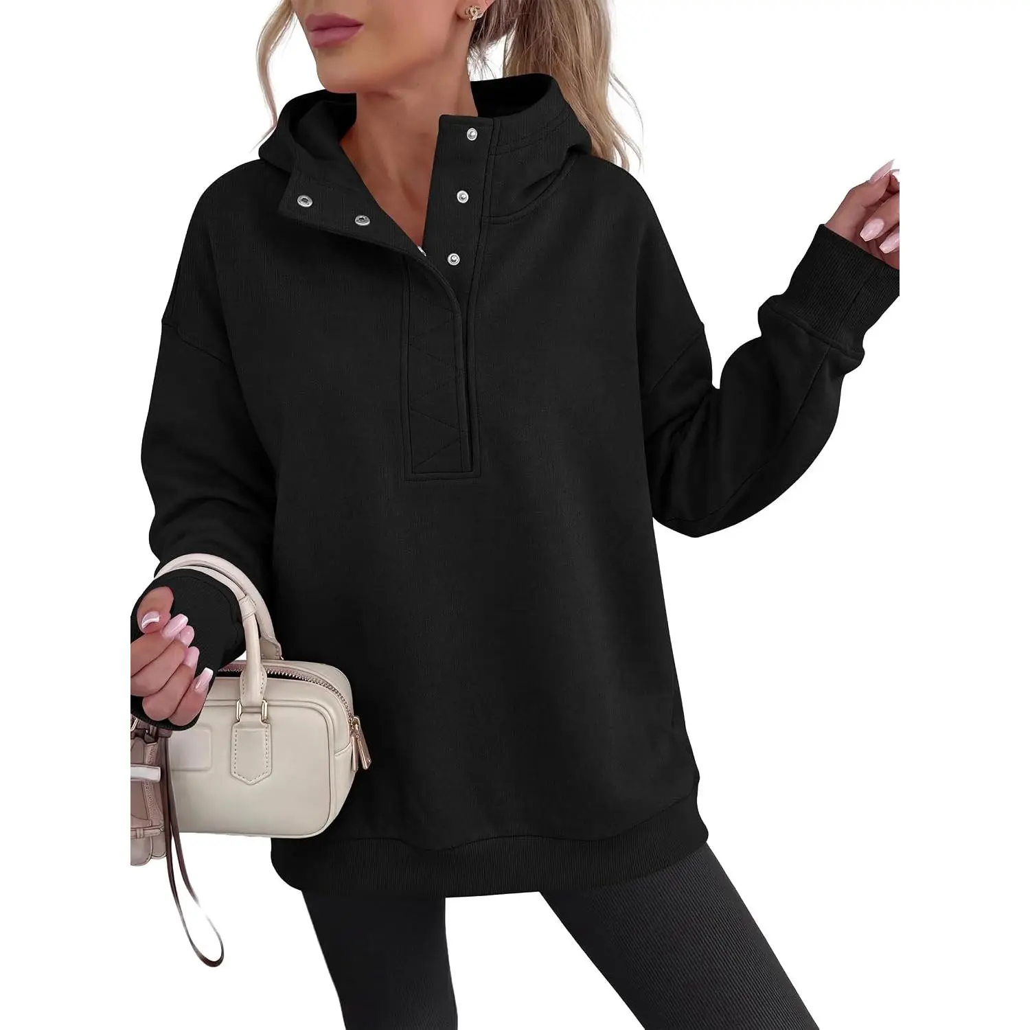 ANRABESS Women's Long Sleeve Henley Oversized Hoodie | Lightweight Fleece Sweatshirt, Loose Fit Button Pullover Shirt, Soft Casual for Everyday, School, Office, Fall & Spring Womenswear Breathable