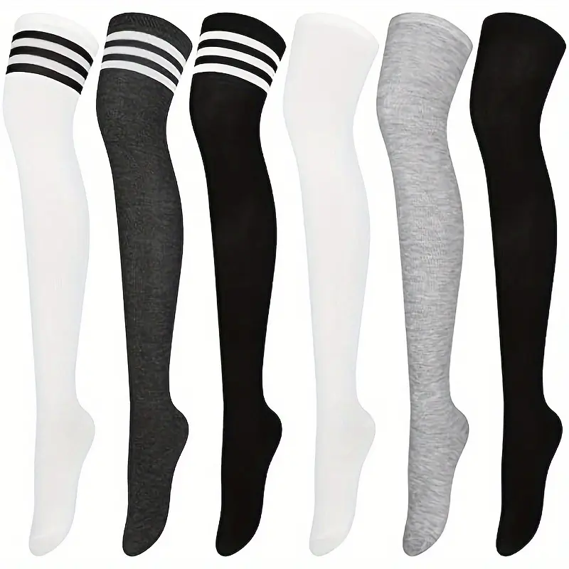 Lady's 6-Pair Cotton Bundle Knee-High Socks Set - Mixed Striped and Solid Colors, 1-Size
