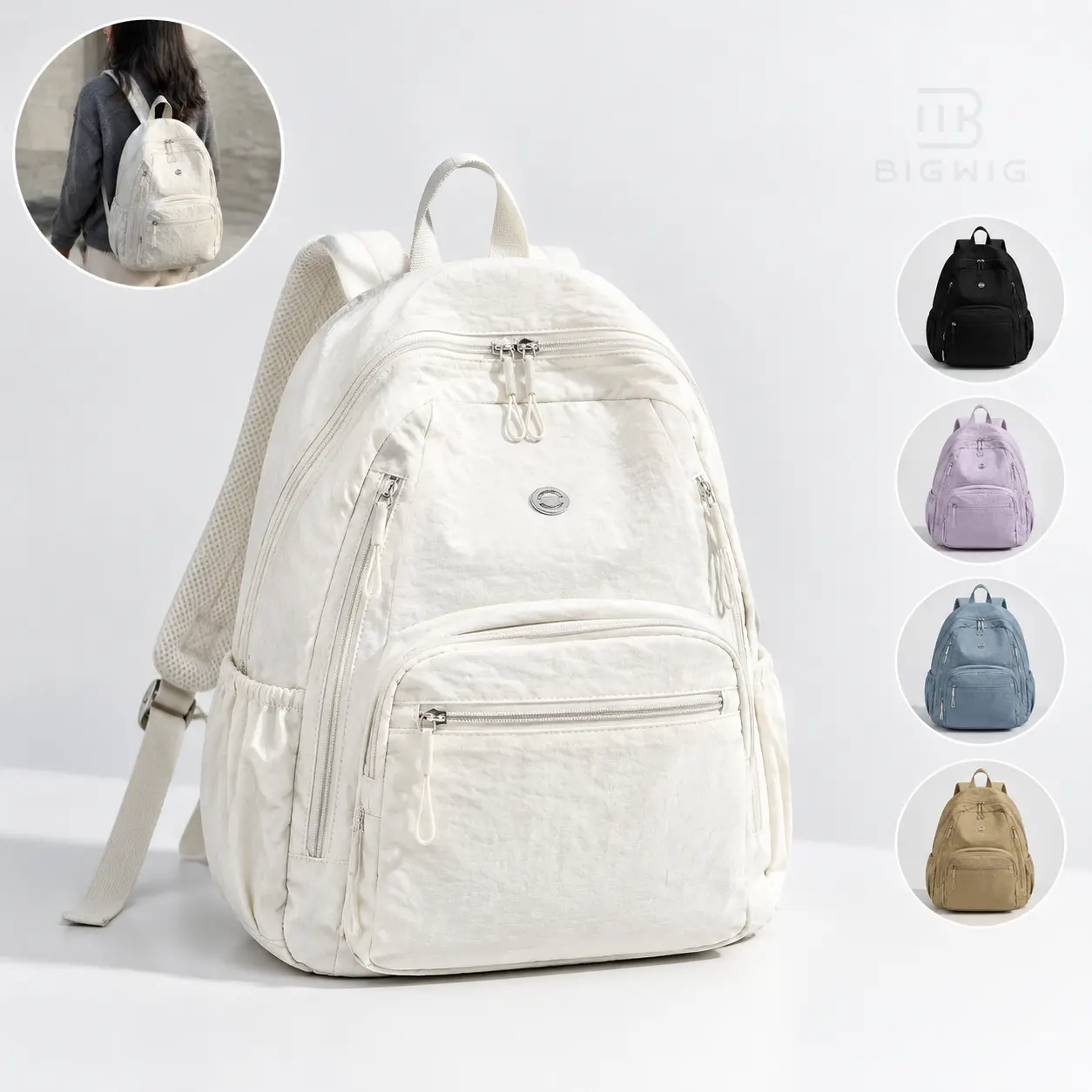 Women's Chic Casual Unisex Anti-Theft Minimalist Plain Nylon Backpack, Lightweight with Adjustable Straps, Hidden Pocket, Full-Length Zip, Laptop-Friendly - Soft Lavender/Misty Blue/Khaki Student Backpack for Work Daily Commute Essential, Small Size
