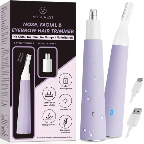 VG VOGCREST Women's 2-in-1 Cordless Rechargeable Electric Shaver-Nose Hair Trimmer, Pain-Free, Waterproof, Lightweight, Shower-Safe Personal Care Appliance with Rechargeable Battery, All Hair Types, 1× Cleaning Brush, Batteries Packed Separately