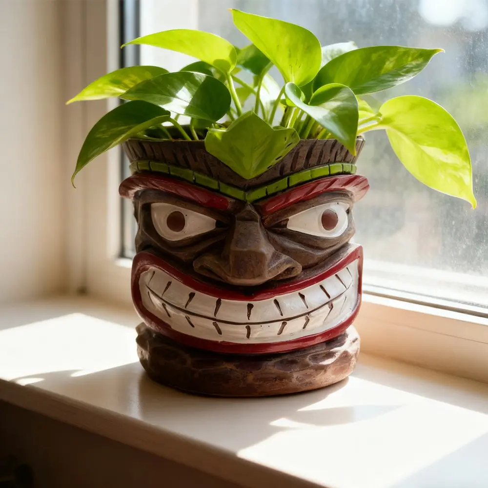 Novelty Tiki Head Resin Planter Pot with Drainage Hole, Cute Easter Island Style Succulent Pot, Funny Face Flower Pot & Pen Holder, Decorative Pot, Flower Planters, Plant Pots, Unique Home Decor, Birthday Gift for Friends