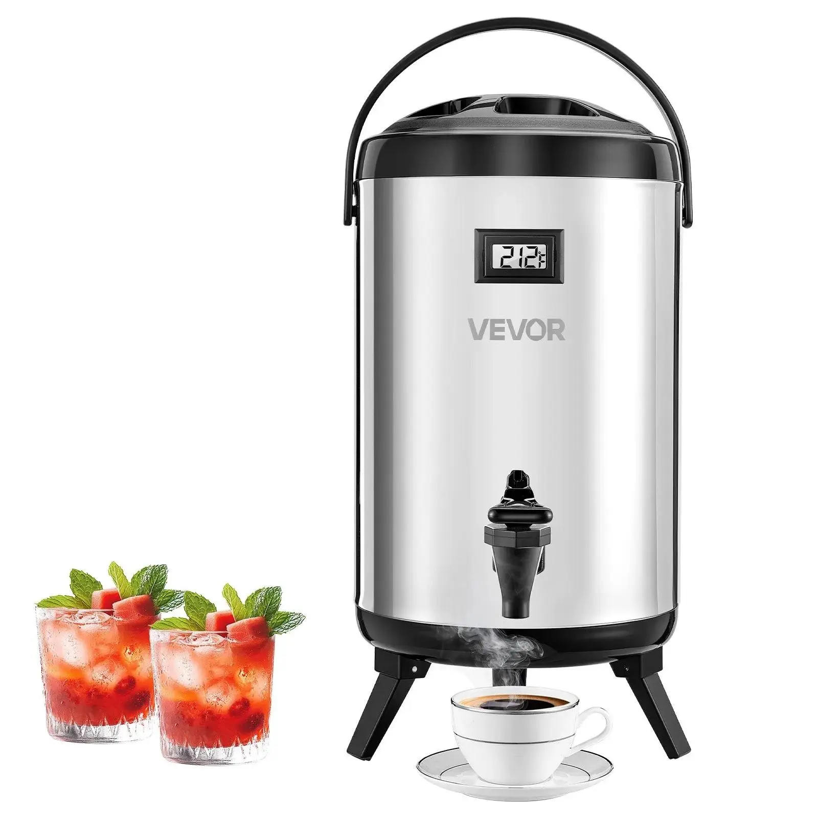 【Summerfinds】VEVOR Insulated Beverage Dispenser,  2 Gal/7.6L Stainless Steel Thermal Drink Server with Spigot & Temp Display, Suitable for Hot and Cold Drinks, for Tea Coffee Water in Cafes & Restaurants, Silver