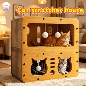 [MeynnPet]  Two-Tier Scratching Post and Cat Bed Combo / Wooden Multi-Functional Cat Bed / Includes a Cat Toy Ball / Suitable for Multiple Cats