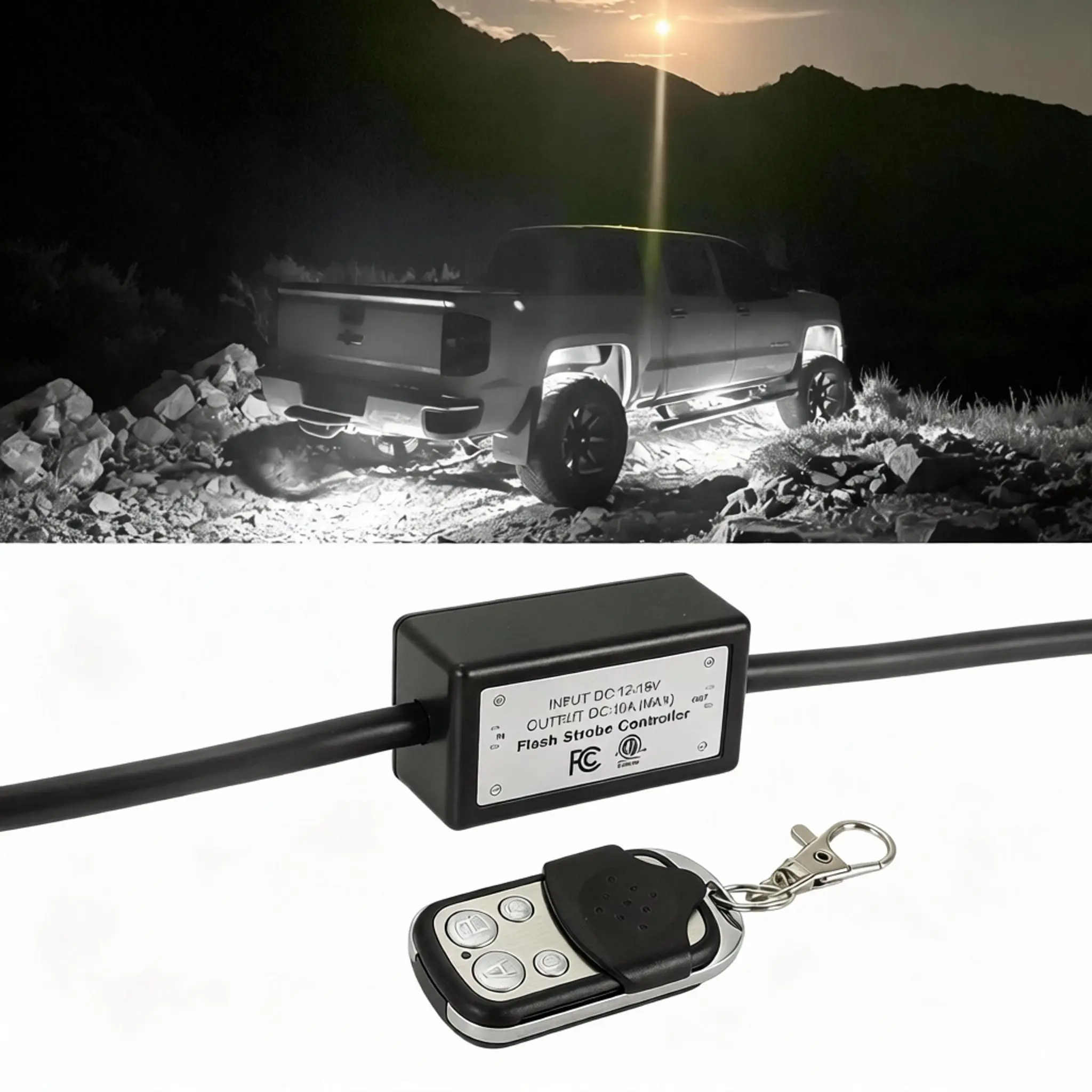 SUNPIE Portable Remote Control Wiring Harness Kit for LED Rock Lights - In-line Fuse Holder, 4 Leads, ON-OFF-Strobe Function, DC12V-16V, Led Lights