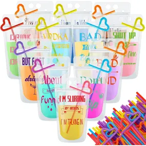 60 Sets Drink Pouches with Straws Drink Pouches for Adults   Smoothie Juice Bags Reclosable  Bags for Adults Summer Beach Party Supplies ( Colors,12 Styles)