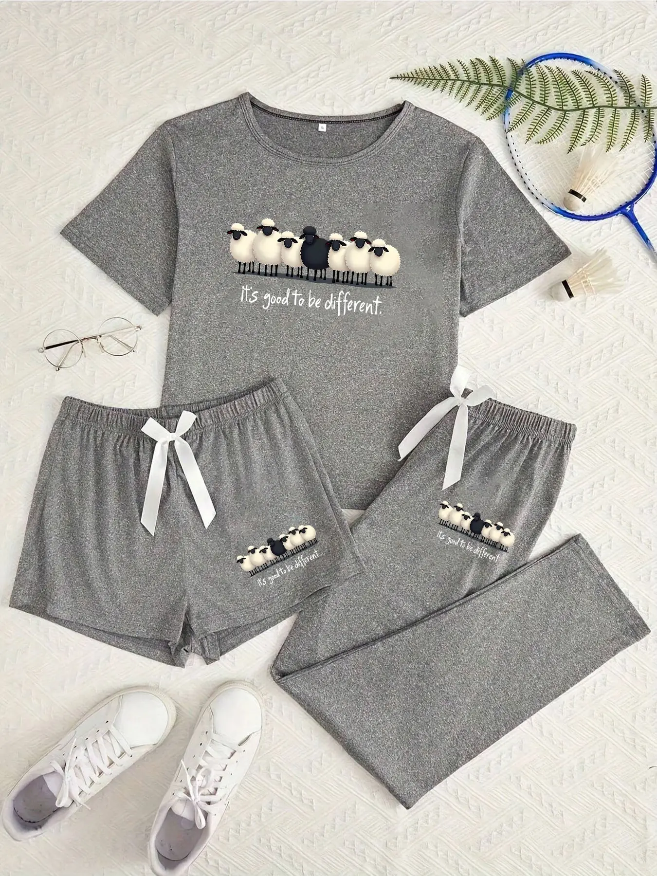 Cute Sheep Three-Piece Set, Knitted Fashion Set, Cartoon Pattern, Loose-Fitting Baggy Casual Home Wear, All-Season Comfortable, Perfect for Daily Use