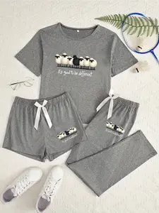 Cute Sheep Three-Piece Set, Knitted Set Clothes, Womenswear, Cartoon Pattern, Round Neck, Loose-Fitting Casual Home Wear, All-Season Comfortable, Perfect for Daily Use