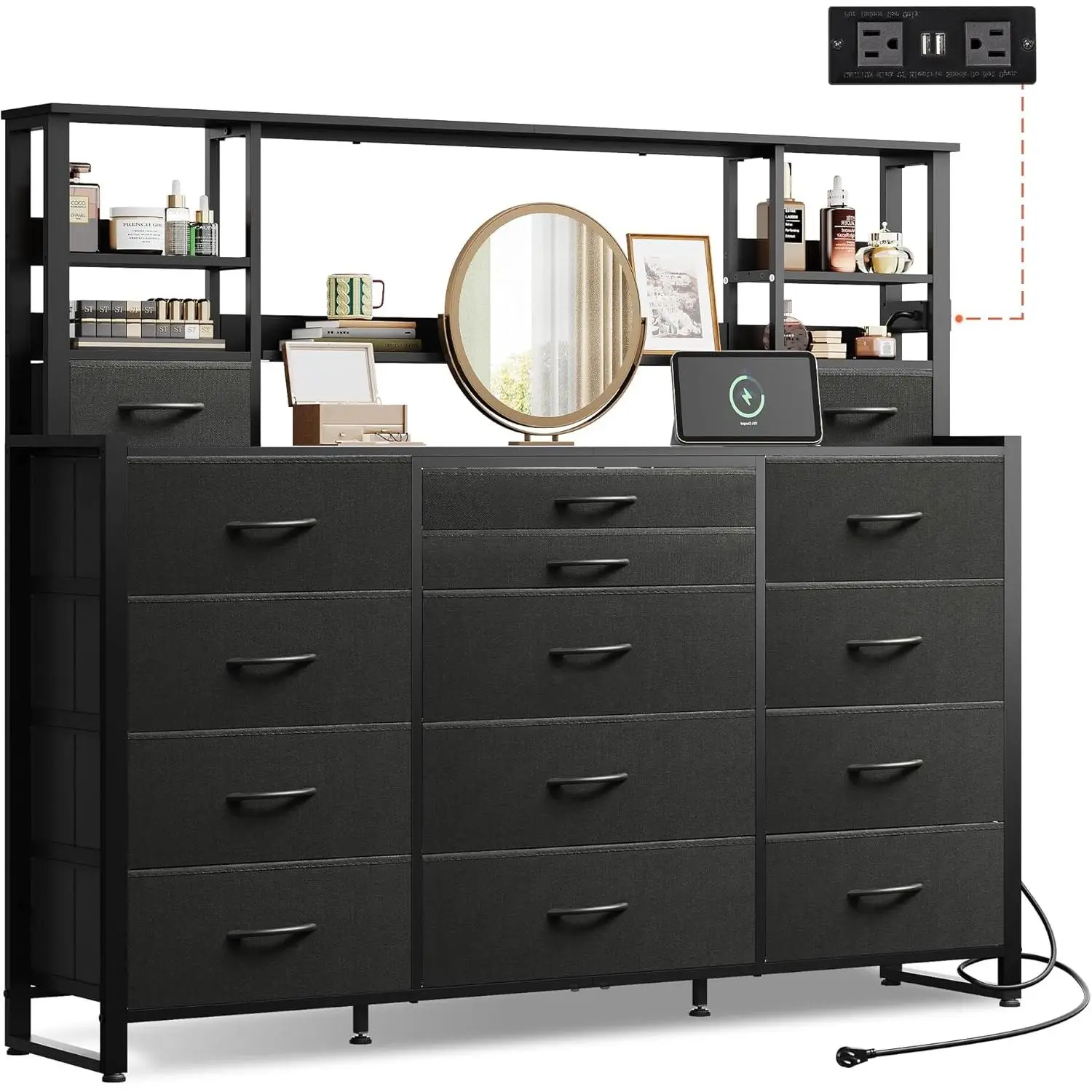 WLIVE 55" W Dresser for Bedroom with 15 Fabric Drawers & 5 Storage Shelves, Tall Black Dresser with Charging Station, Makeup Vanity Desk, Dressing Tab