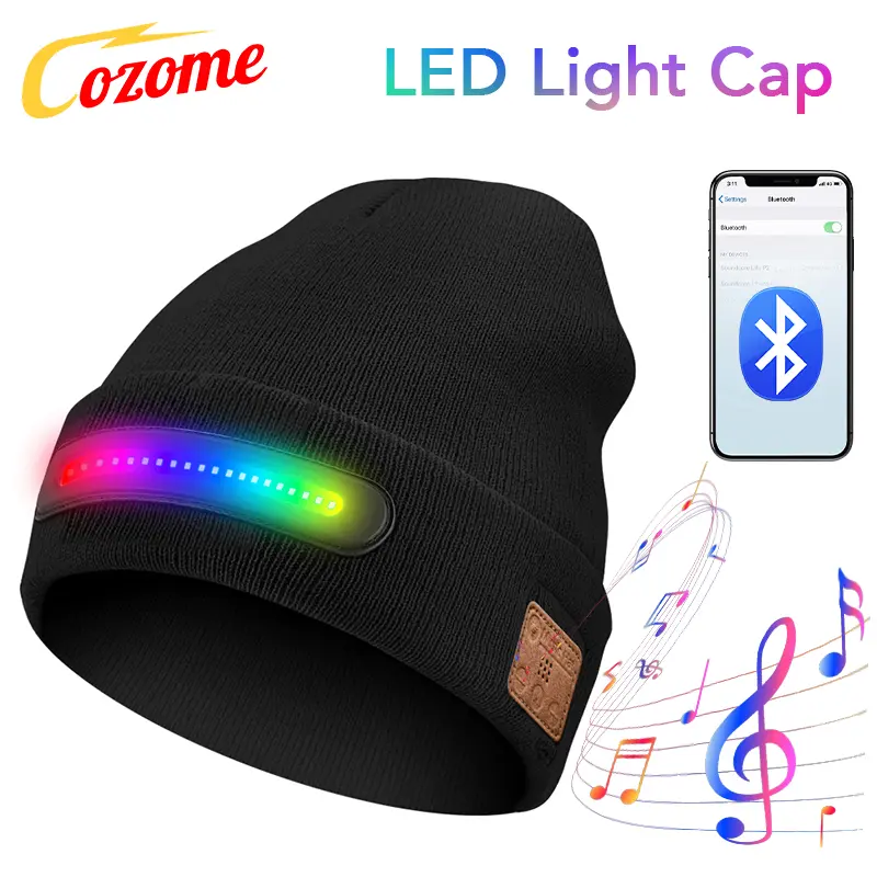 COZOME Smart Bluetooth Music Vibrant Light Knit Fabric Beanie for Men-Women, Warm Breathable Regular Fit Elastic Cold Weather Sports & Outdoor Accessory with 20 High Brightness Beat-Lit LED Beads, Fashion Statement,back to school,back to school haul