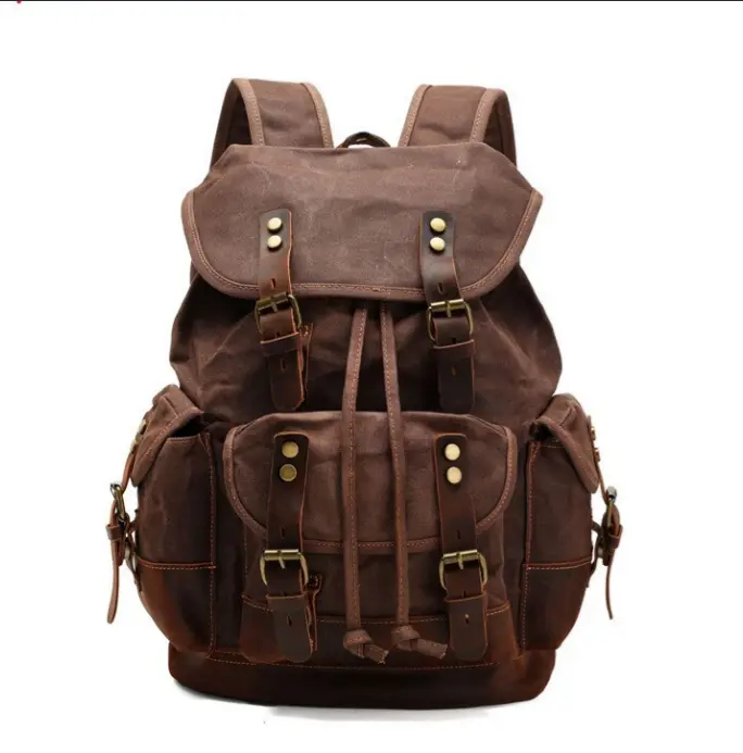 Men's 22L Genuine Leather-Waxed Fabric Travel Backpack, Durable Hiking Rucksack with Shoulder Strap, Drawstring Lock, Tactical Accessories, Ideal for Travel Traveling Bag hackysack backpack backpacks for men backpacks for women backpacks backpack