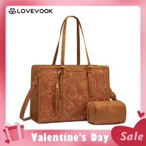 【Valentine's Day Gift】LOVEVOOK Canvas Laptop Tote Bag 15.6 & 17.3 inches for Women with Clutch Purse, Lightweight Tote Bag with 2 Cup Holder, Purses for Women, Computer bag for Work, Office, Casual.  TikTokShopJumpstartSale