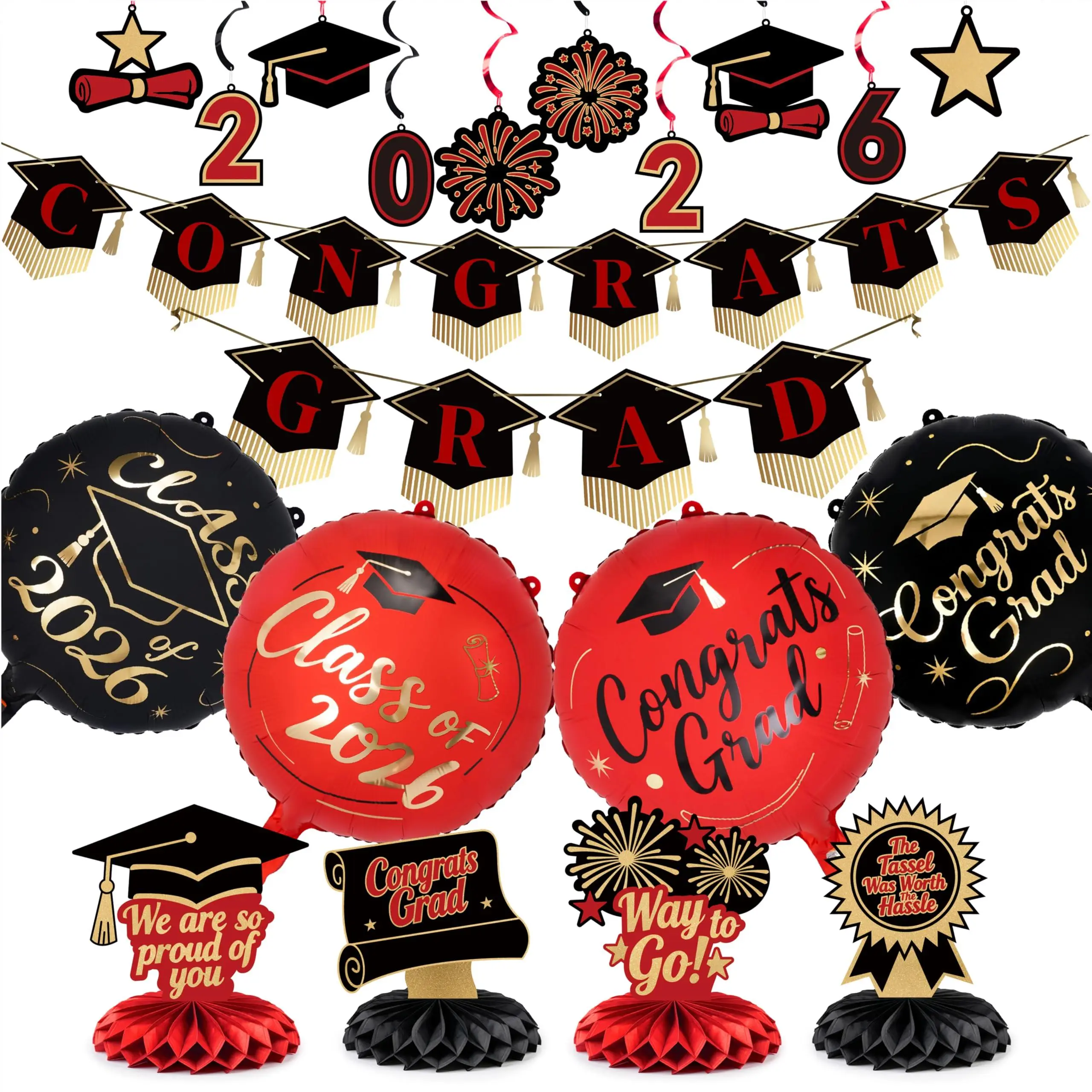 Graduation Decorations Class of 2026 Grad Party Supplies Set with Black Red Congrats 2026 Grad Banner Hanging Swirls Foil Balloons Graduation Cap Centerpieces Party Decorations Black Red 19pcs Banner