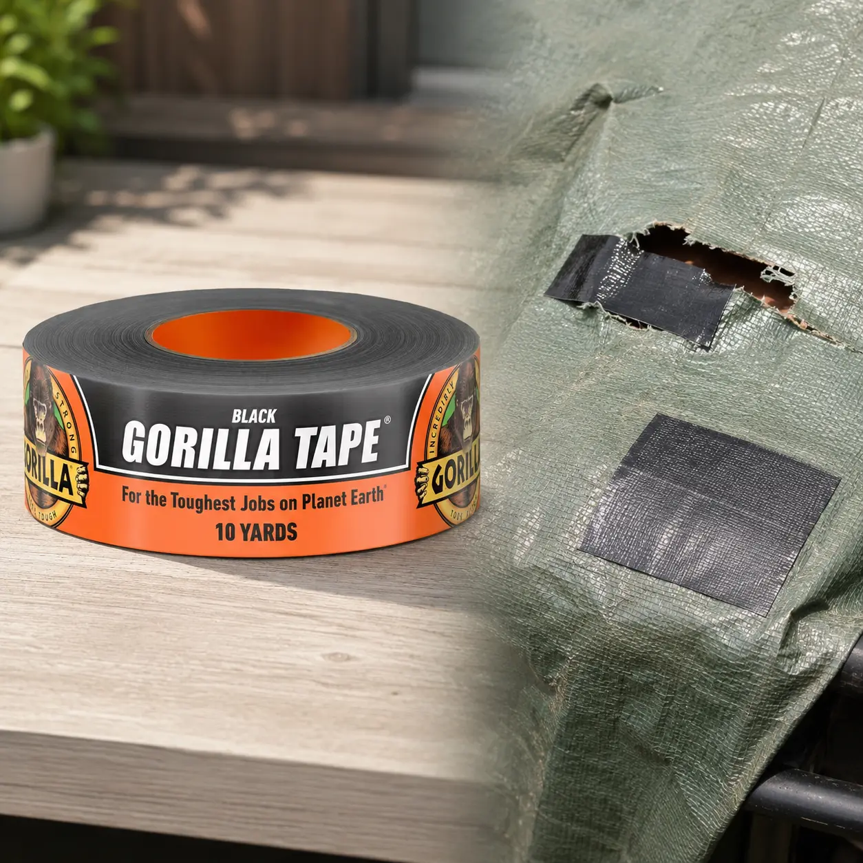 Gorilla 10 yds. Black Duct Tape,triple-layer strength,lasting hold,rugged shell,easy hand tear,heavy-duty repair,emergency fix,cable bundling,pipe wrap,tarp patch,tent repair,tool handle wrap,garage,workshop,jobsite,home maintenance,auto trim,camping gear
