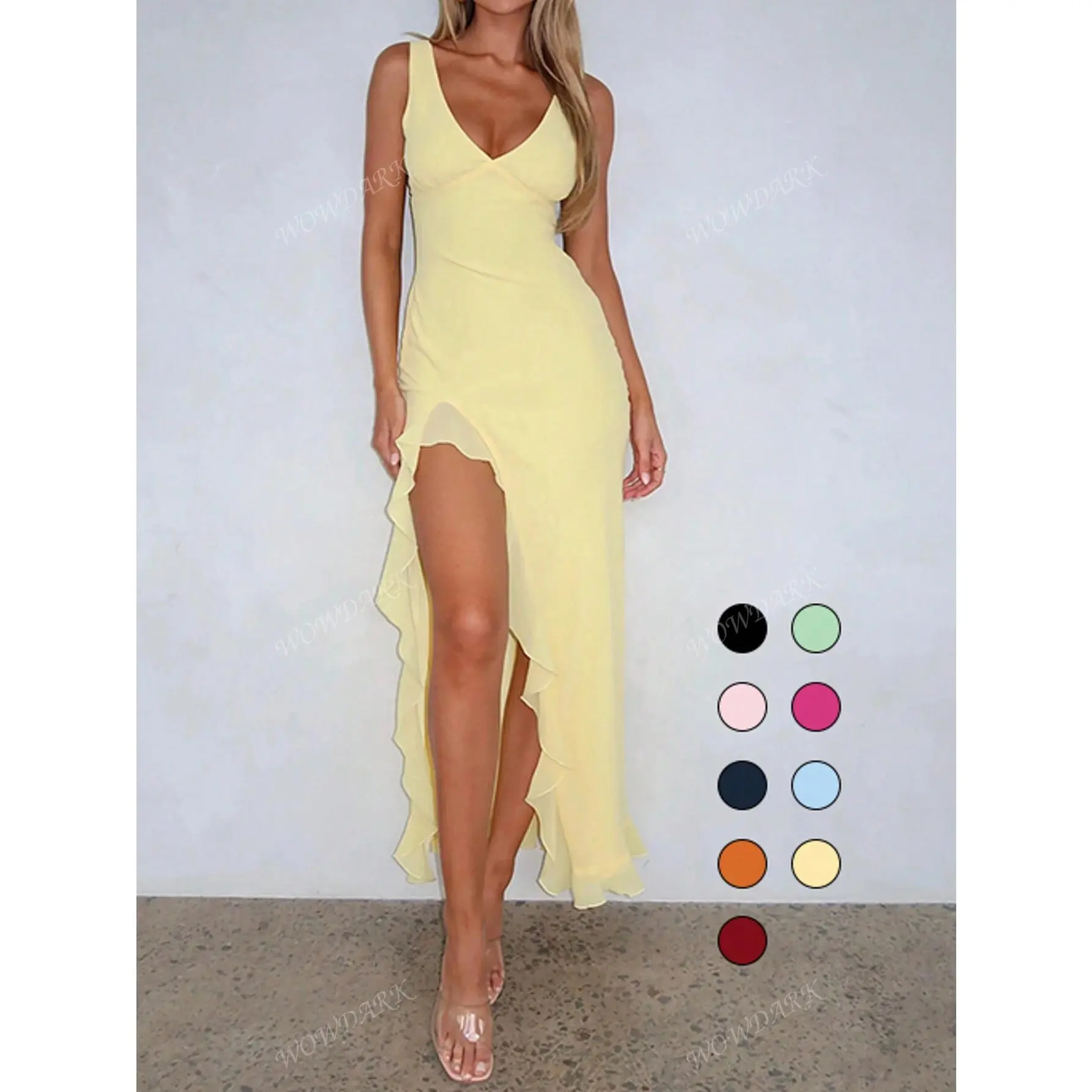 WOWDARK Women V-Neck Ruffle Hem Split Solid Summer Dress