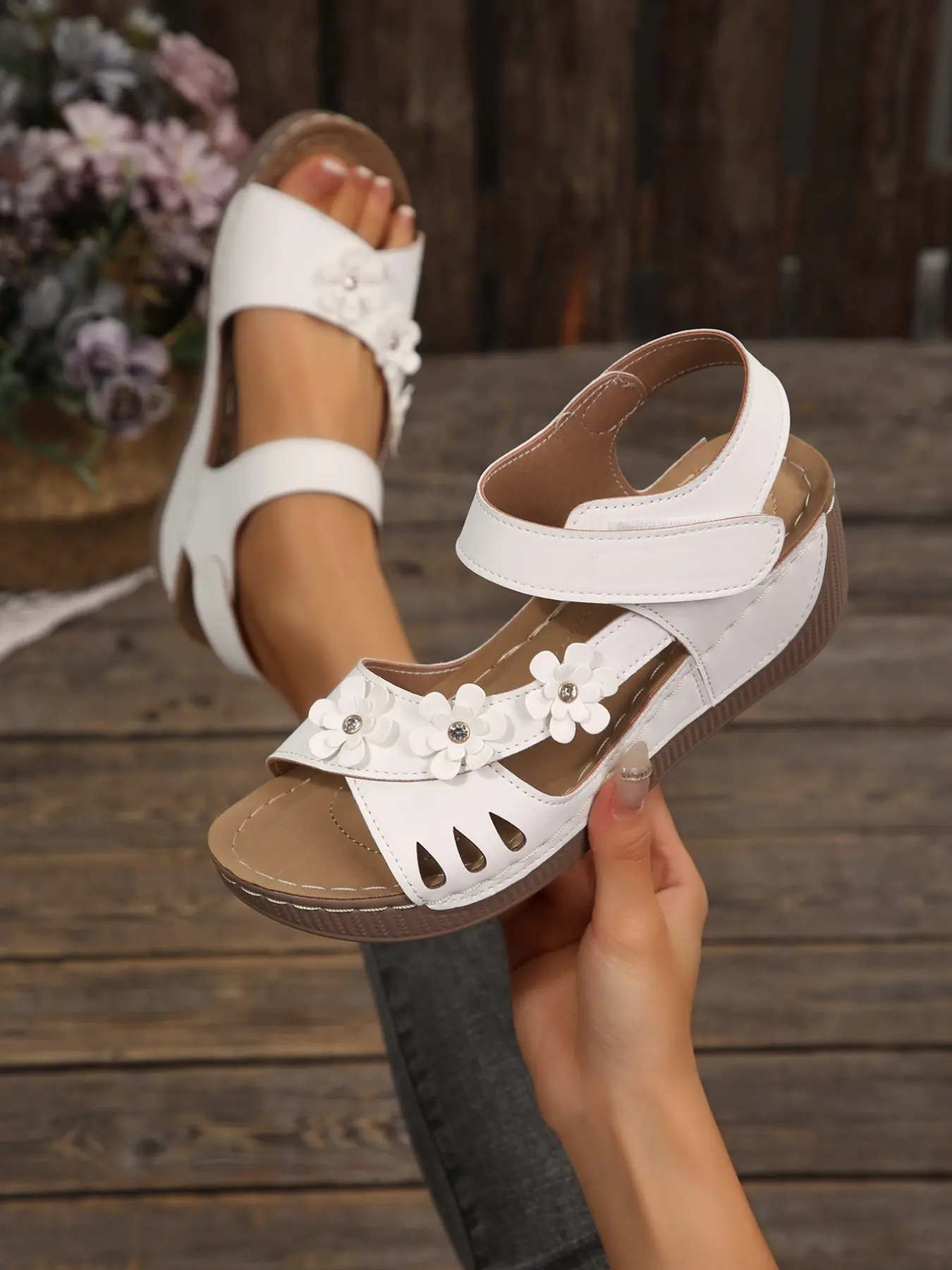 Multicolor Floral Decorative Wedge Sandals for Women, Velcro Thick Sole Open-Toe Casual Shoes, Summer Outdoor Non-Slip Mom Shoes