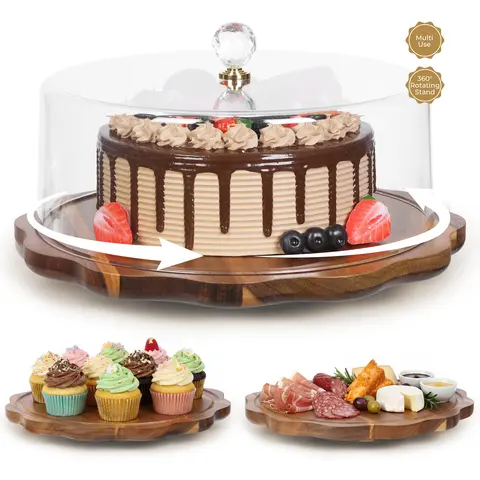 Zumeler 13 In 360° Rotating Cake Stand - Durable Kiln-Dried Acacia Wood, Lightweight Acrylic Dome Lid, Petal-Edge Bakery Host Tool for Cake Display, Charcuterie Serving, Decorating