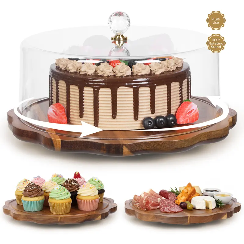 Zumeler 13 In 360° Rotating Cake Stand - Durable Kiln-Dried Acacia Wood, Lightweight Acrylic Dome Lid, Petal-Edge Bakery Host Tool for Cake Display, Charcuterie Serving, Decorating