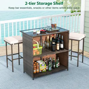 COSTWAY - 3 Pcs Patio Bar Set with Tempered Glass Tabletop-Brown