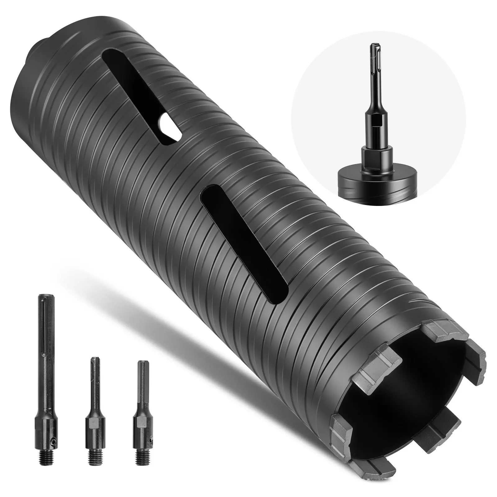 【Summerfinds】VEVOR 3-in Diamond Dry Coring Bit with Diamond Coating, 9.5in Drilling Depth, 5/8-11 Internal Thread, 3 Adapters, Pilot Drill Tip, Hex Wrench, 95HRB Hardness, 1.72kg (3.79lb), 10.94x3.00x3.00in, Easy to Use, for Concrete, Red Bricks, Airports