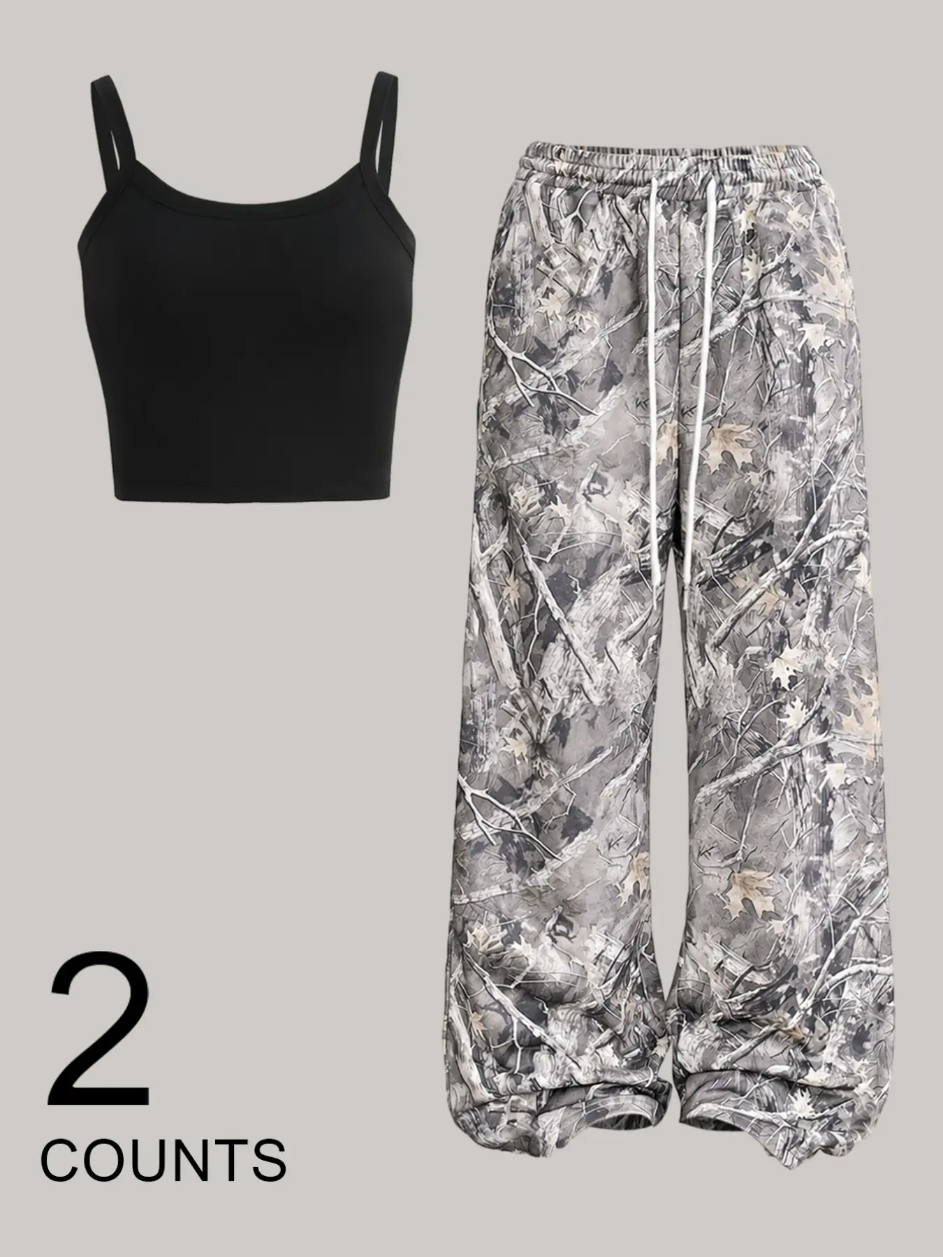 2 pieces, Y2K American solid color Spaghetti strap Top +withered tree branch drawstring pants casual set, sweet cool girl style, loose and comfortable wide leg pants, women's daily home and outdoor wear in summer, Fashion Clothes