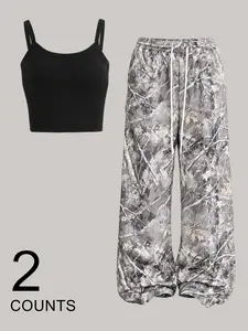 2 pieces, Y2K American solid color suspender+withered tree branch drawstring pants casual set, sweet, cool and spicy girl style, loose and comfortable wide leg pants, women's daily home and outdoor wear in summer, Fashion