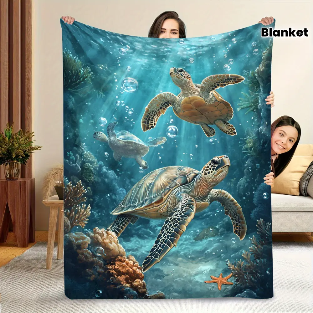 Sea Turtle Ocean Blanket, Soft Flannel Throw Blanket with Underwater Sea Turtle Coral Print, Cozy Gift for Kids Girls Teens and Turtle Lovers, Coastal Beach Room Decor for Bed Couch Sofa, Lightweight Warm Throw
