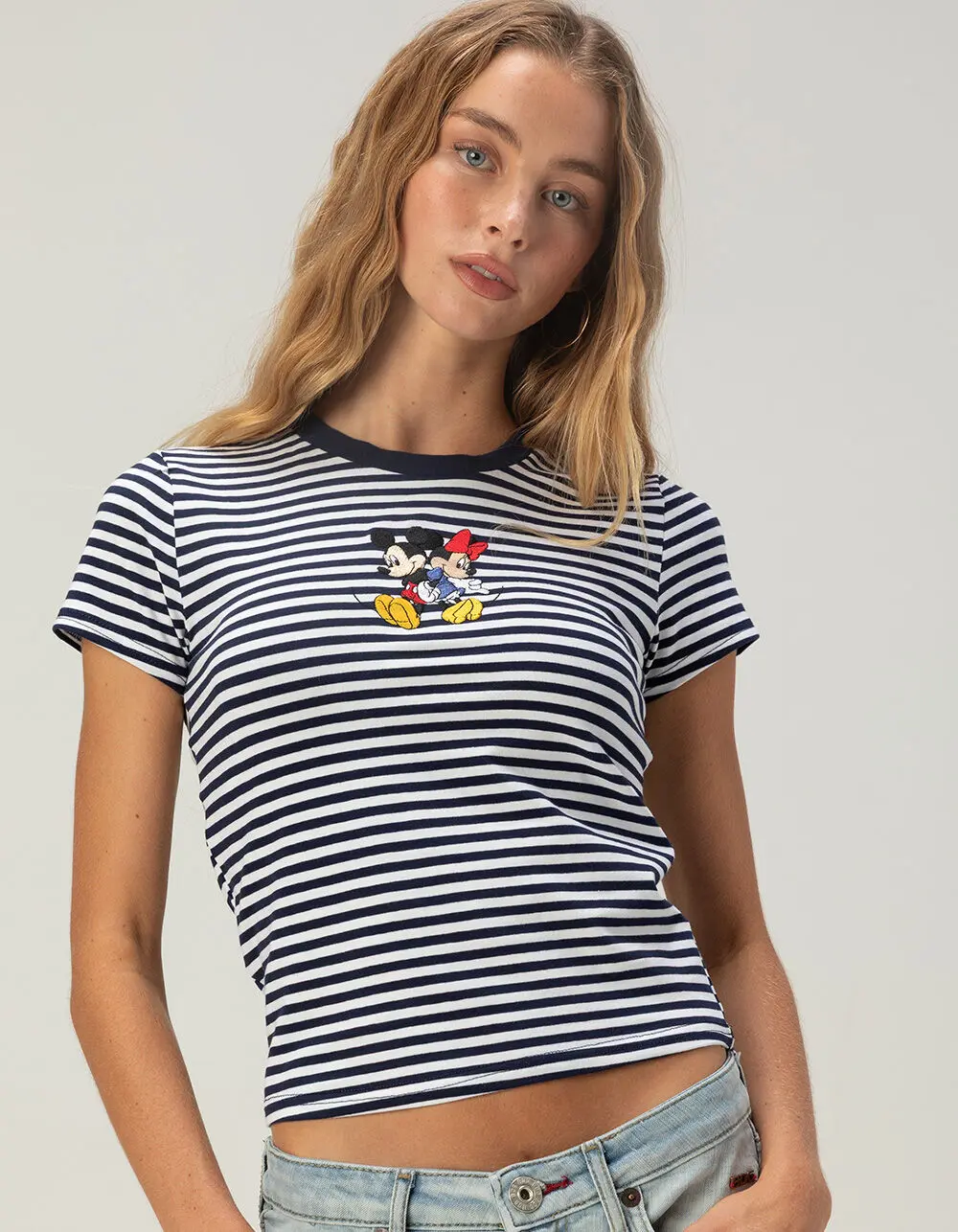 MICKEY MOUSE DISNEY Minnie And Mickey Womens Embroidered Stripe Baby Tee